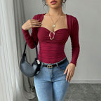 Women's Wine-Red Square-Neck Peplum Top