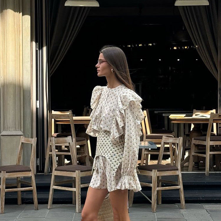 Round Neck Ruffled Bell Sleeve Shirt Dress