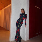 Floral High-Collar Long-Sleeve Bodycon Maxi Dress