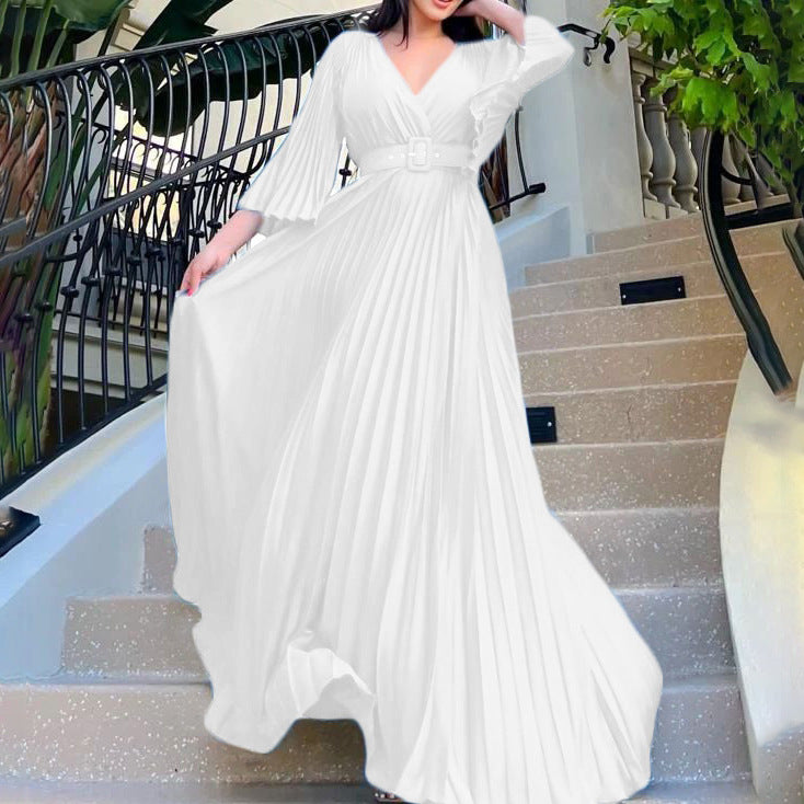 V-Neck Pleated Formal Swing Dress Maxi