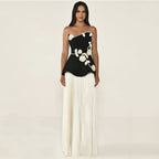 Three Dimensional Floral Bandage Stitching Mesh Pleated Elegant Dress Faux Two Piece Dress