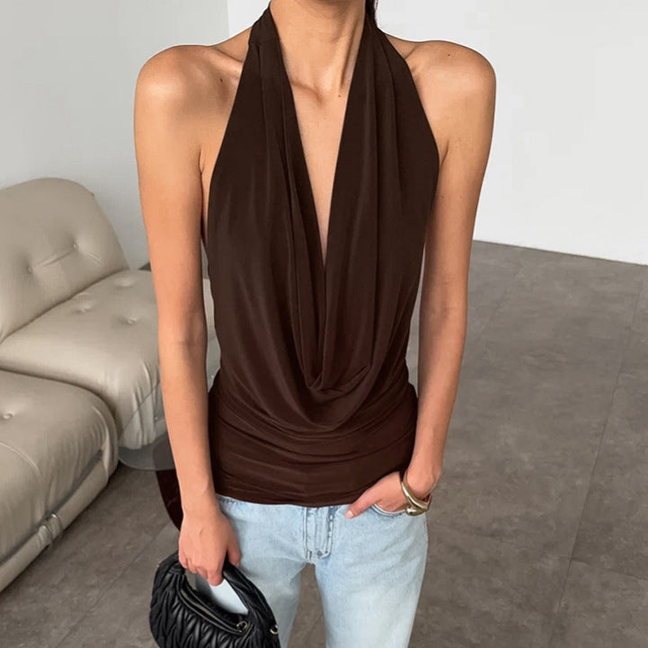 's Low Cut Halter Swing Collar Sleeveless Vest French Minority Top