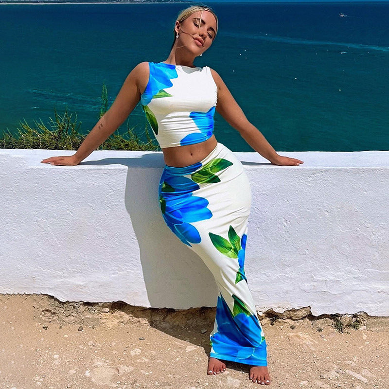 Women's Summer Printed Cropped Tank Top Sheath Slim Fit Skirt Set