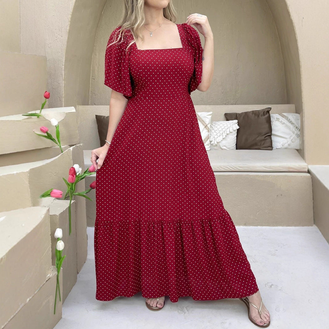 Women's Printed Casual Vacation Dot Ruffle Sleeve Waist Dress