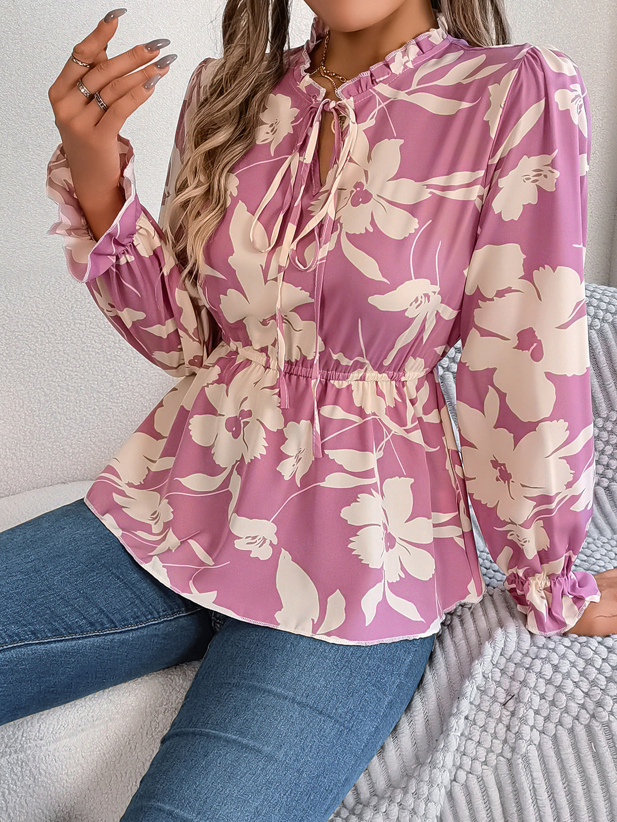 Women's Real Shot Spring Summer Casual Floral Lace Up Long Sleeve Chiffon Shirt Top Women Clothing