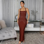 Women’s sleeveless summer dress, square neckline, patterned straps, brown ankle-length