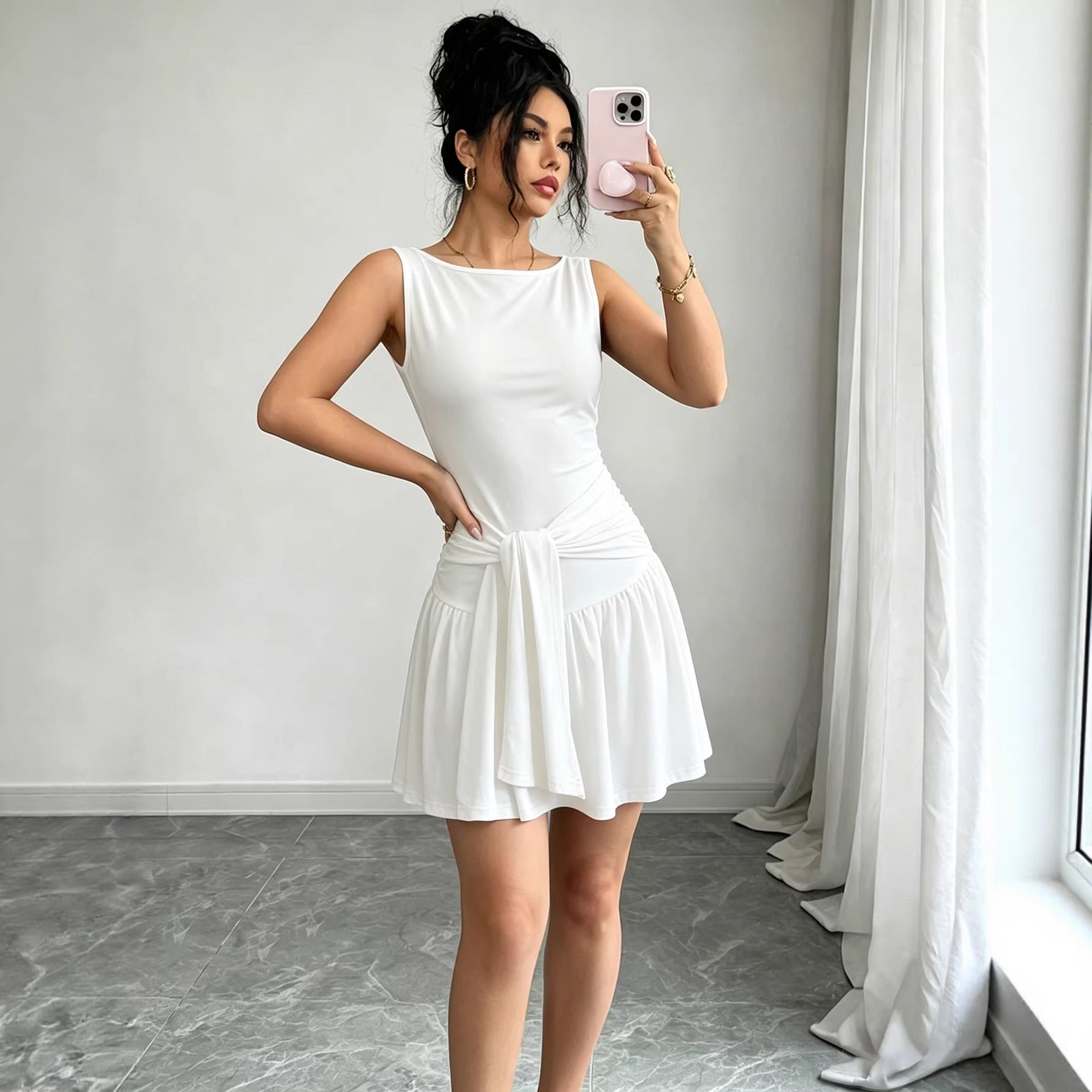 Women's Crew-Neck Ruched Pleated Dress