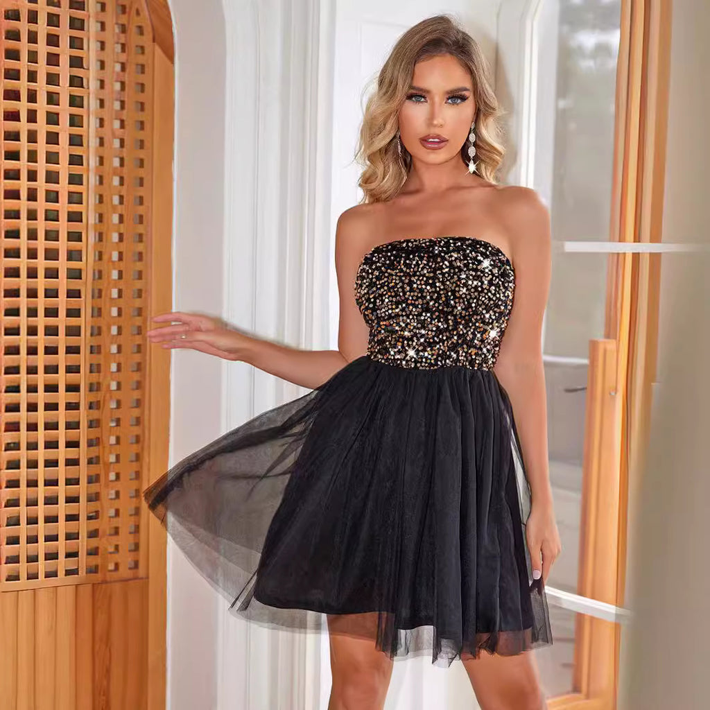 Women's Black Sequin Tube-Top A-Line Dress