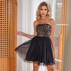 Women's Black Sequin Tube-Top A-Line Dress