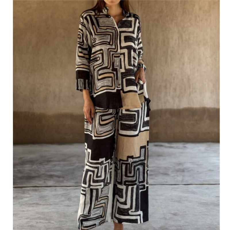 Women's Cotton Linen Multi Color Printed Long Sleeve Casual Straight
