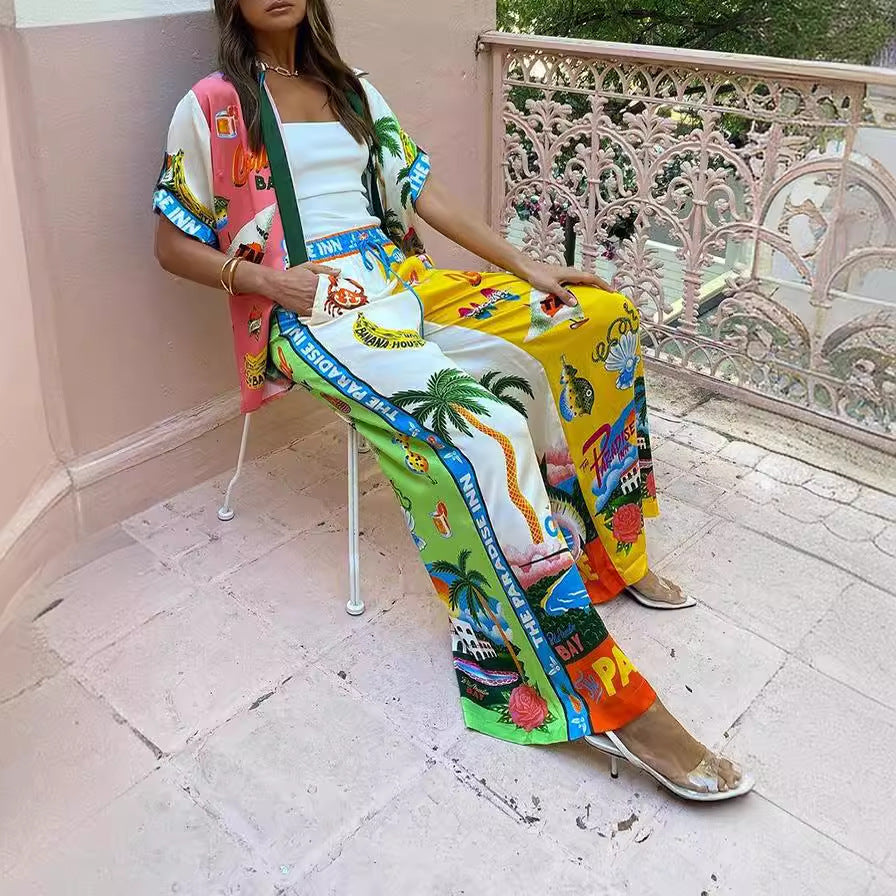 Graffiti Printing Satin Short Sleeve Collared Shirt Trousers Casual Two Piece Suit