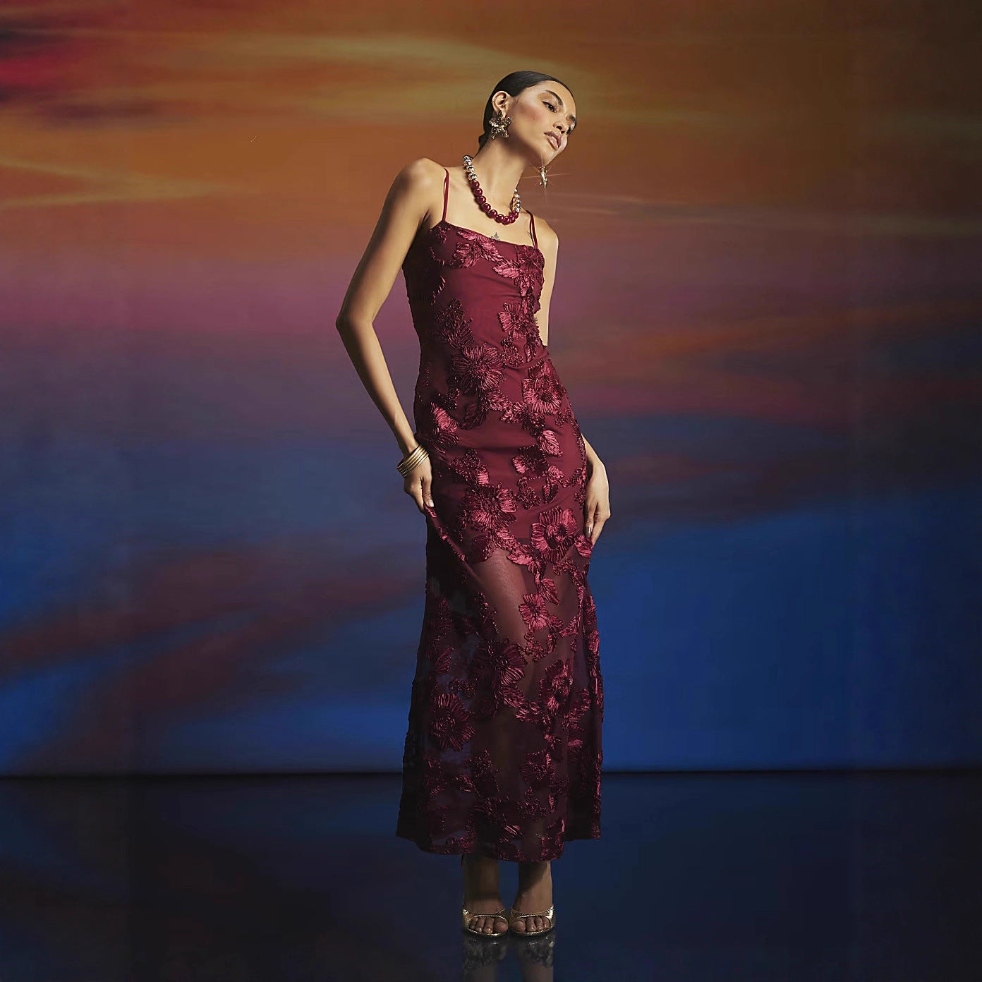 Floral Embroidered Lace Spaghetti-Strap Bodycon Maxi Dress