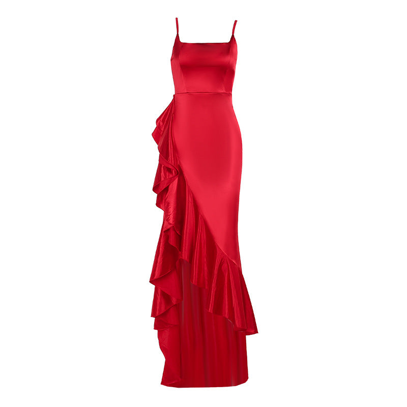 Women's Satin Ruffle Spaghetti-Strap Split Dress