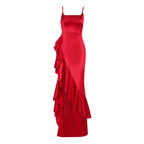 Women's Satin Ruffle Spaghetti-Strap Split Dress