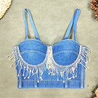 's Slim Denim Corset Stitching Rhinestone Tassel Beaded Boning