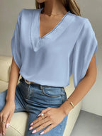 Women's Spring Summer V Neck Lace Solid Color Top Short Sleeve Chiffon Shirt Women