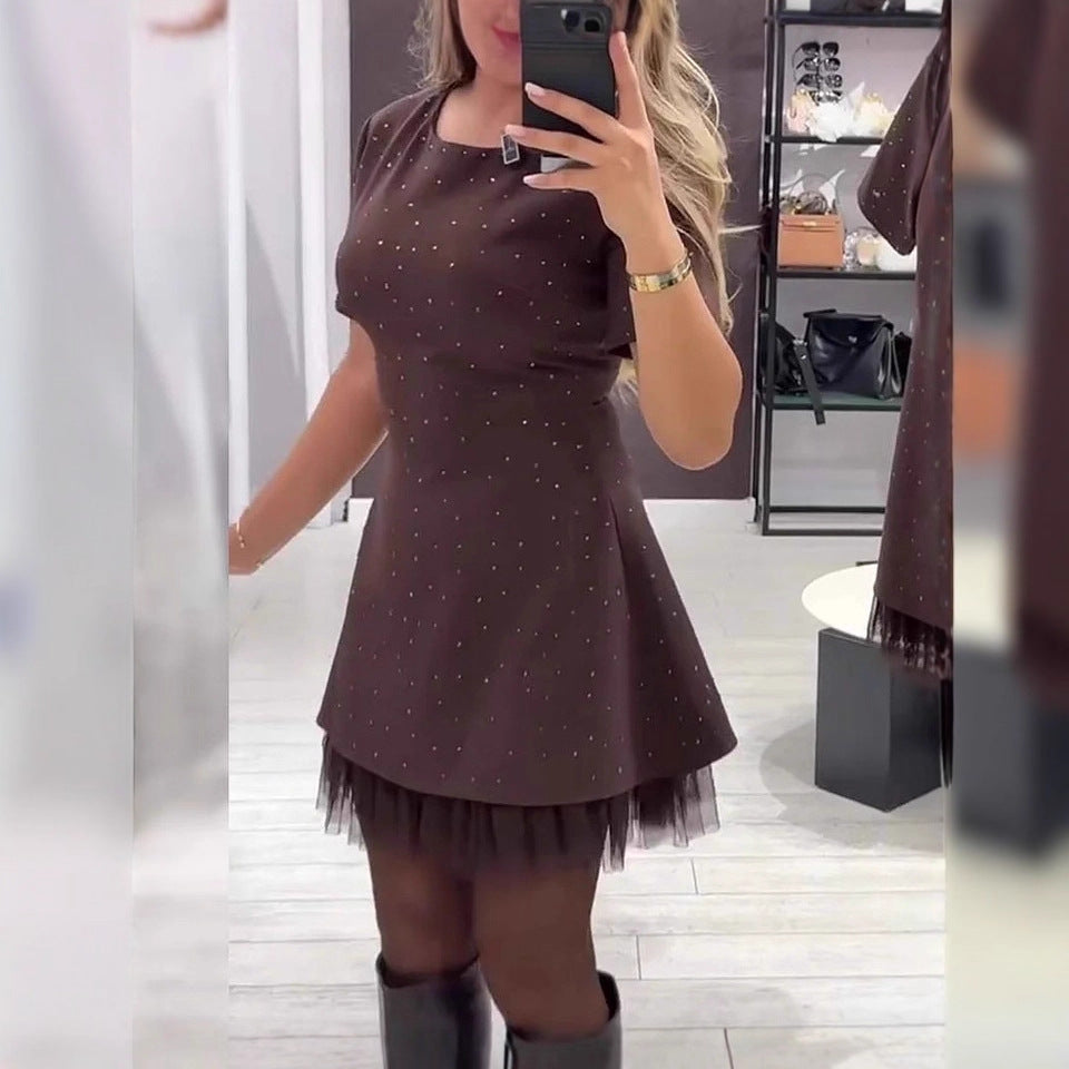 Rhinestone Hem Mesh Pleated Solid-Color Office Dress
