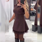 Rhinestone Hem Mesh Pleated Solid-Color Office Dress