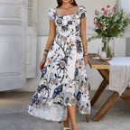Women's Spring Summer Casual Holiday Floral Print Contrast Color Short Sleeve Dress Women Clothing