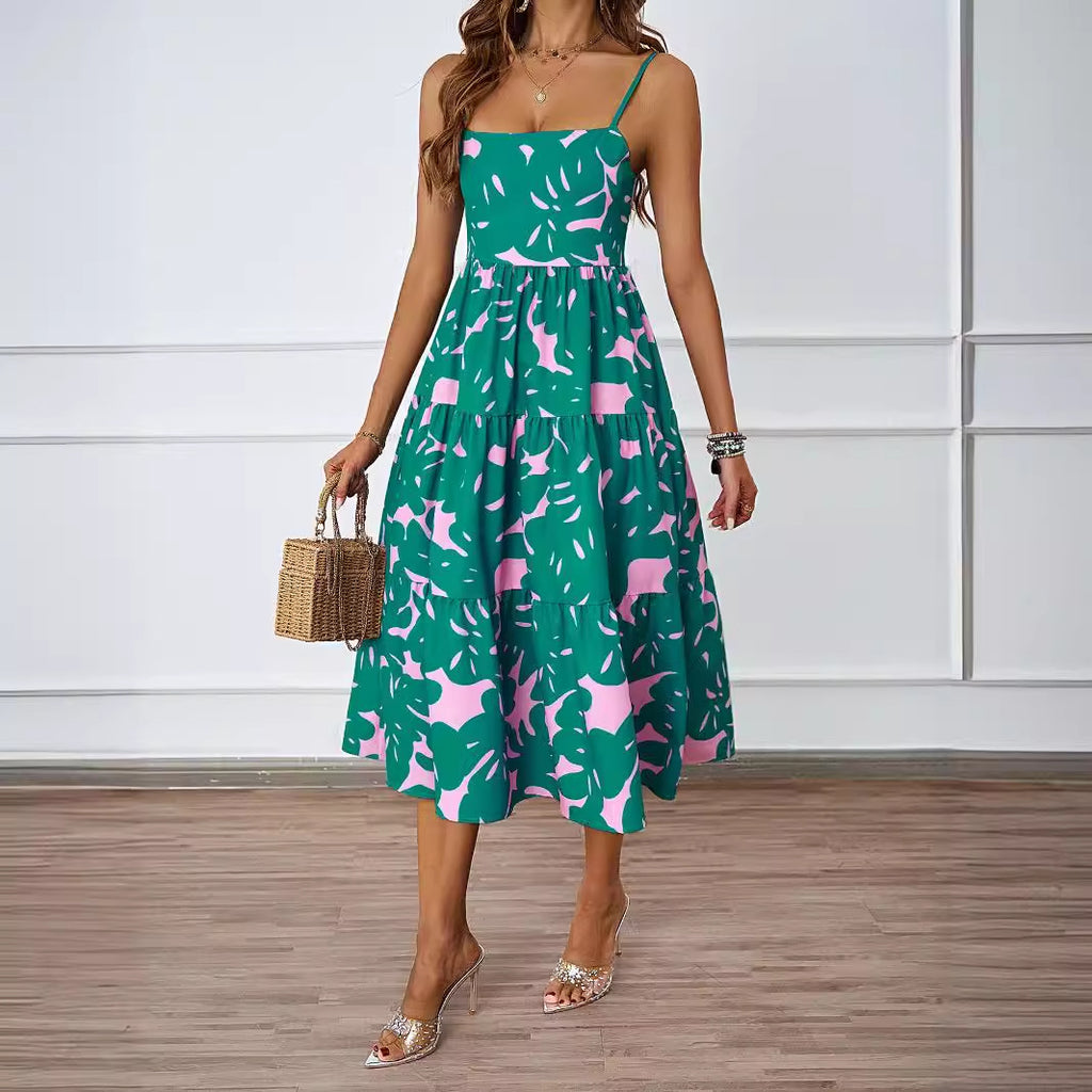 Women's Printed Backless Cami A-Line Midi Dress