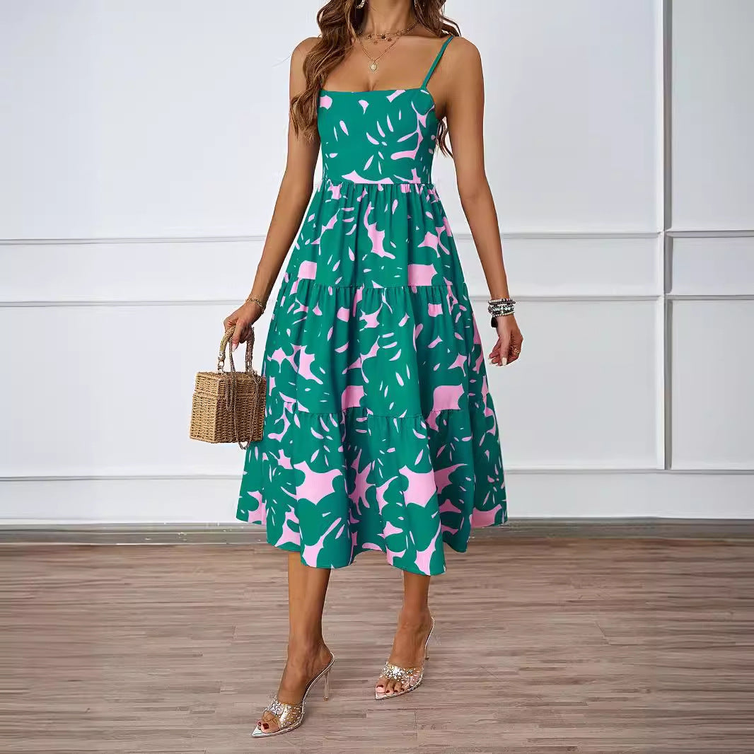 Women's Printed Backless Cami A-Line Midi Dress