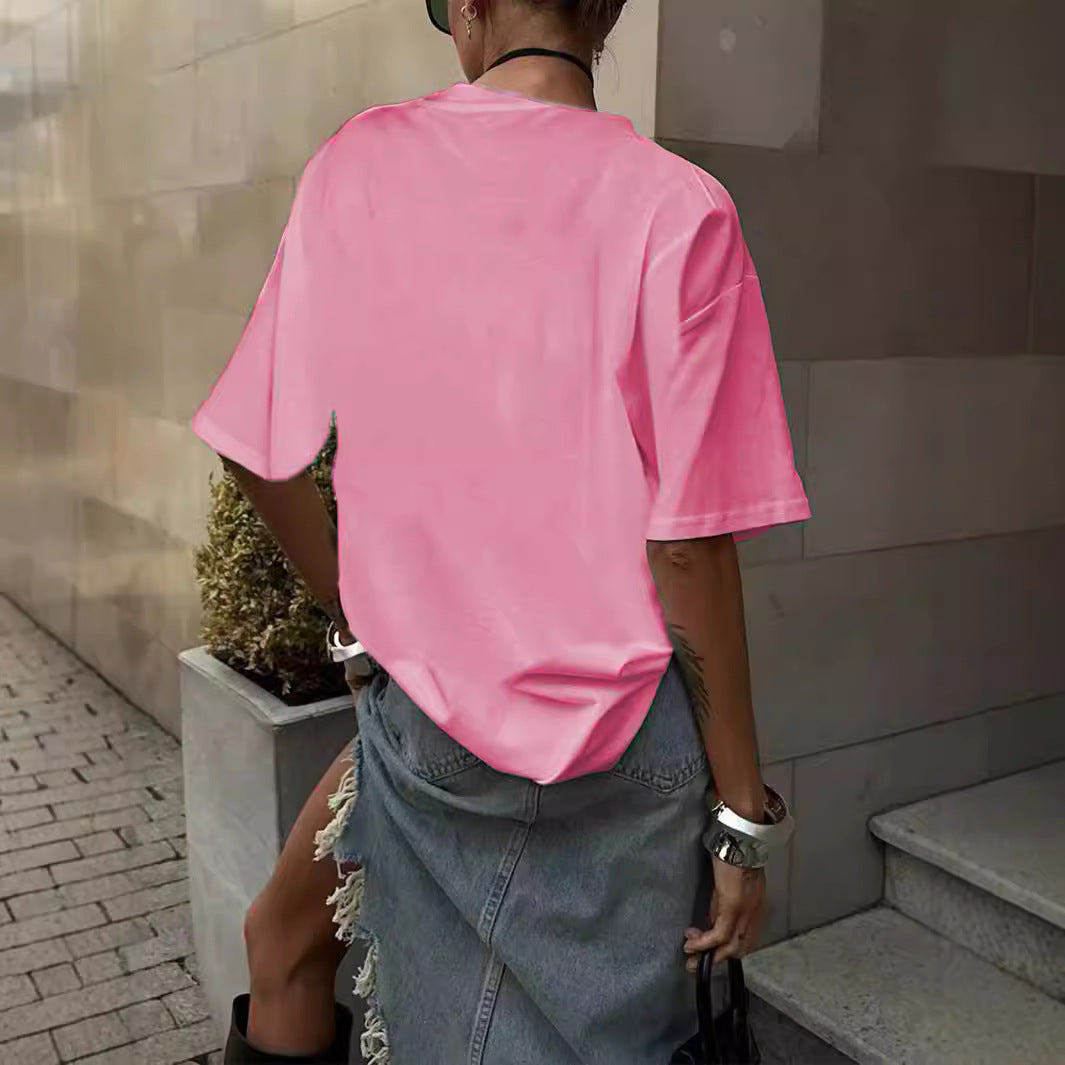Bowknot Stitching Loose Casual Short Sleeve Round Neck Lazy Casual Summer T Shirt Women