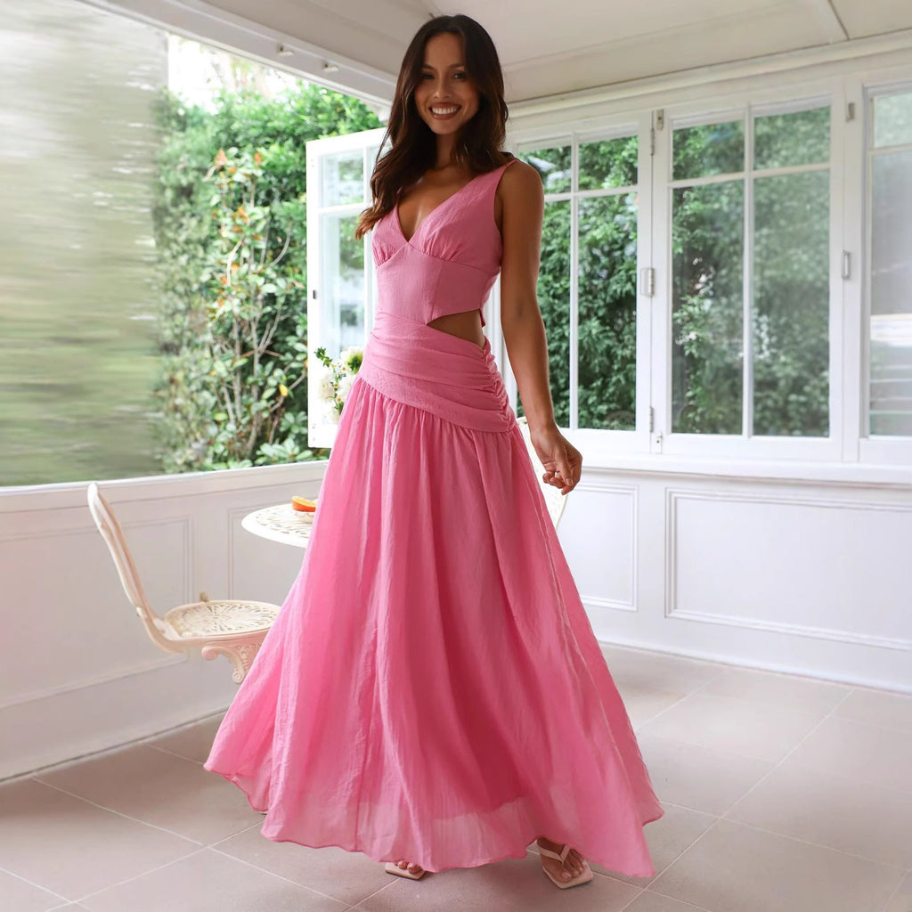 Women's V-Neck Asymmetric Ruched Maxi Dress