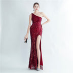Women's Floral Sequin One-Shoulder Diagonal Collar Side Slit Long Evening Dress