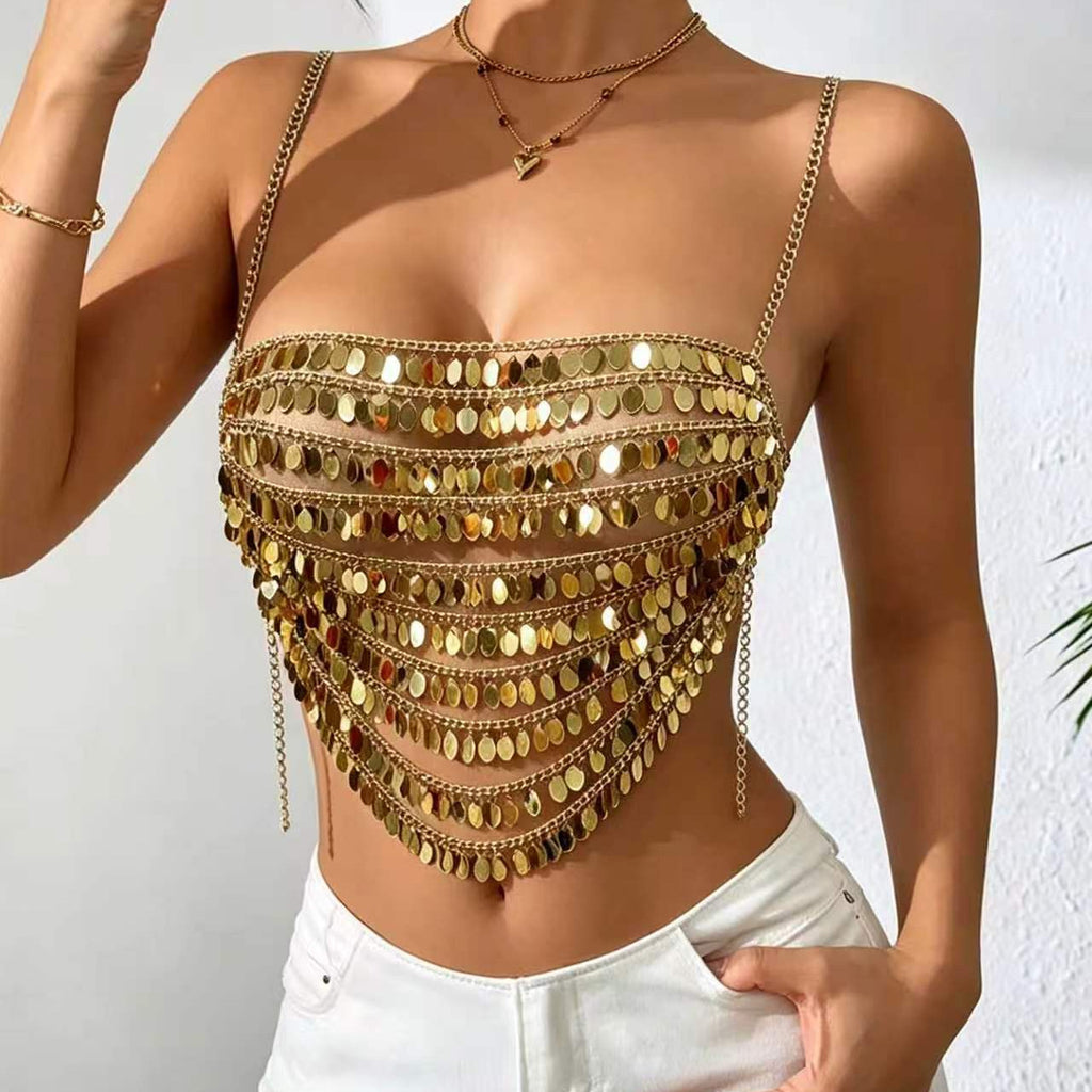 Vest Handmade Sequined Wafer Metal Chain Stitching Tassel Chain Embellished Small Vest Women Body Cha