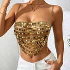 Vest Handmade Sequined Wafer Metal Chain Stitching Tassel Chain Embellished Small Vest Women Body Cha