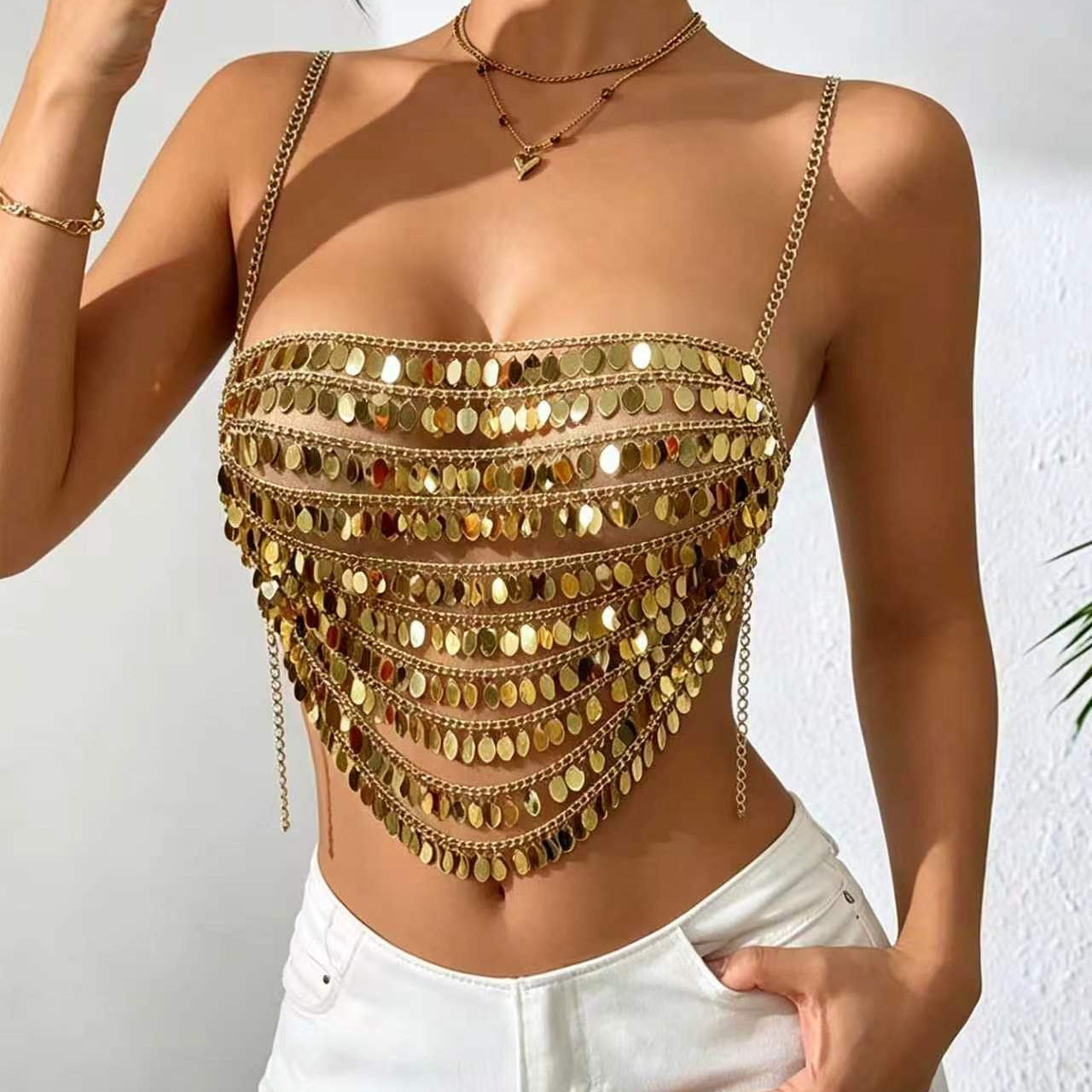 Vest Handmade Sequined Wafer Metal Chain Stitching Tassel Chain Embellished Small Vest Women Body Cha