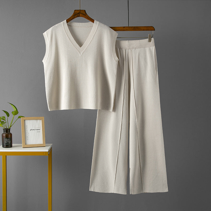 Suit V-Neck Loose Sleeveless Knit Vest Top High-Waisted Slimming Casual Slit Wide Leg Pants Set