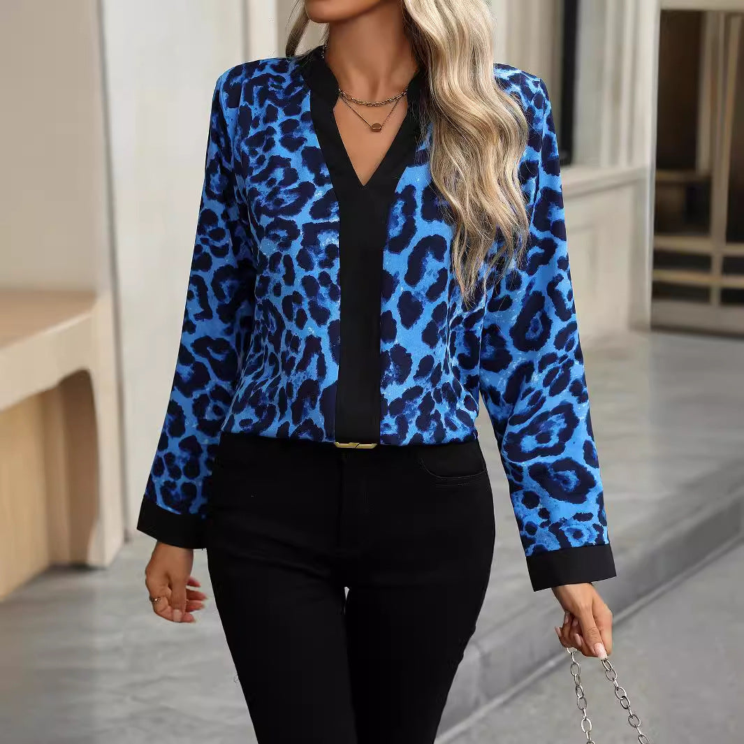 Women's Clothing Spring Autumn V Neck Leopard Print Long Sleeve Women Shirt