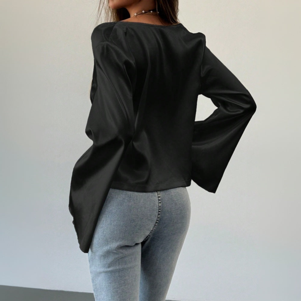 Women's Cardigan T shirt Lace up Loose Satin Top