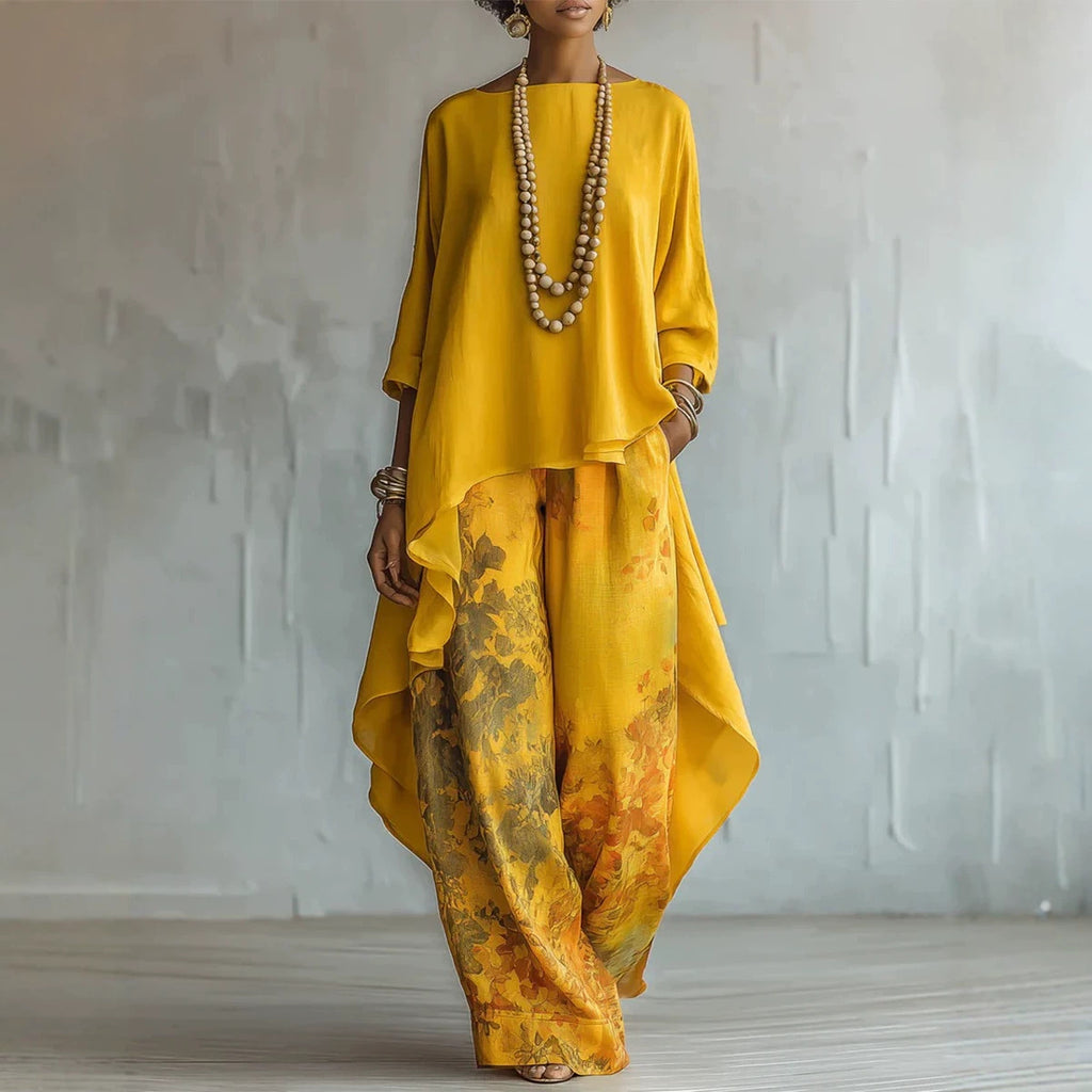 Printed Irregular Asym Loose Pants round Neck Top Front