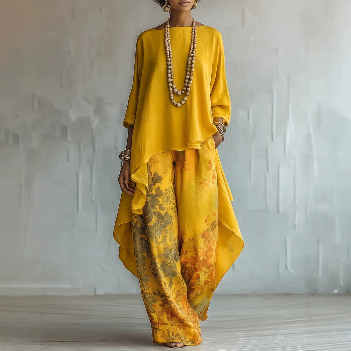 Printed Irregular Asym Loose Pants round Neck Top Front