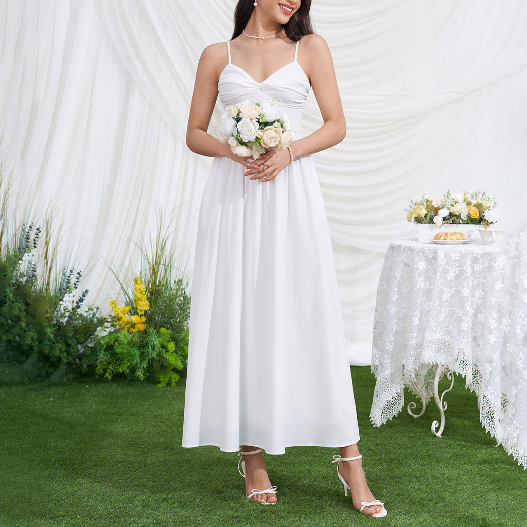Women's V-Neck Smocked Ruched Midi Dress