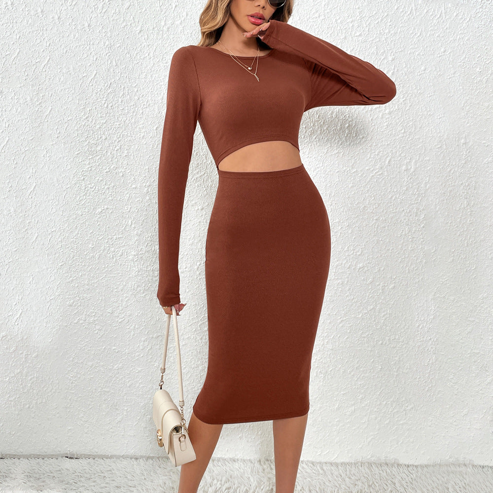 Women's Knitted Sexy Design Waist Hollow Out Cutout Thin Sheath Dress