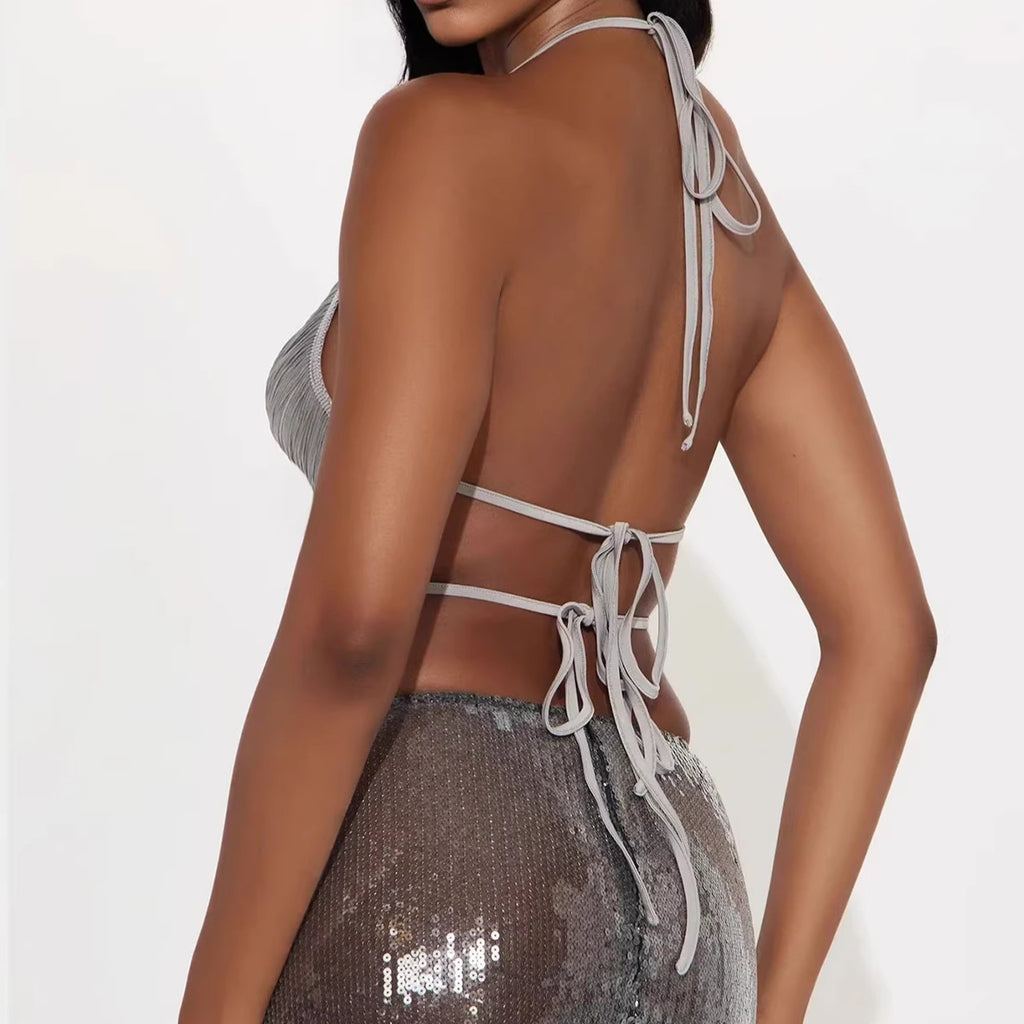Shiny Tassel Halter Backless Crop Top