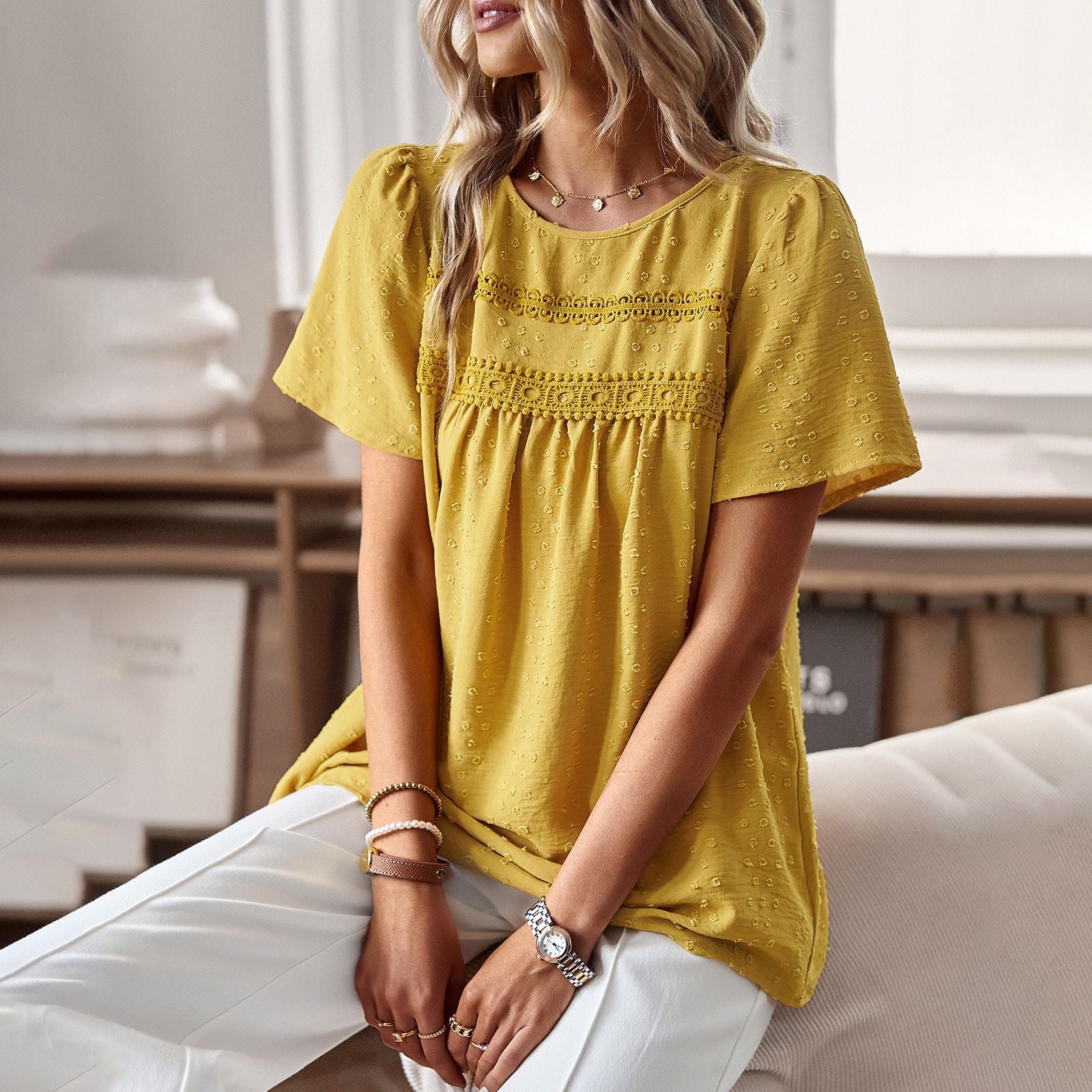 Women's Jacquard Patchwork Blouse – Relaxed Crew Neck
