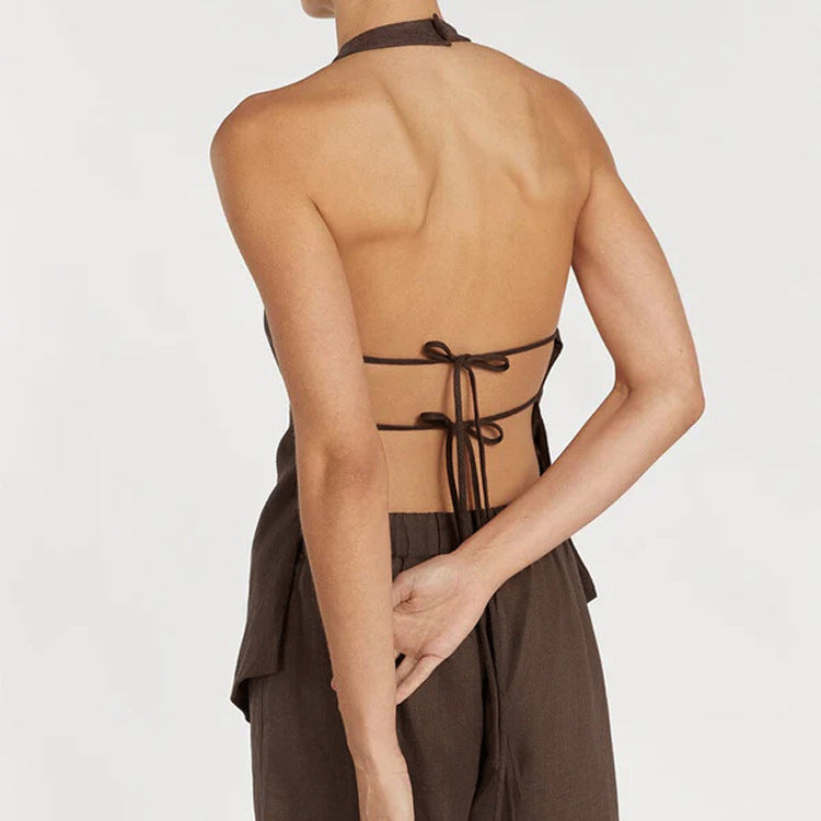 Women's Sexy Women Summer Halter Backless Lace Up Top Loose Trousers Two Piece Set
