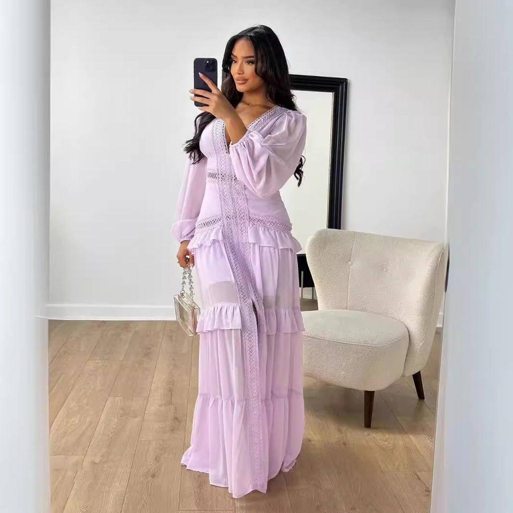 V-Neck Long-Sleeve Contrast Dress