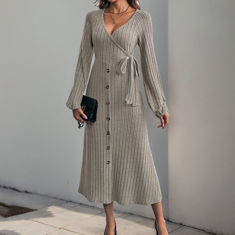Women's Autumn Winter Midi V Neck Solid Color Button Lace Dress