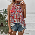 Women's Paisley Tassel Halter Crop Top