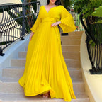 V-Neck Pleated Formal Swing Dress Maxi