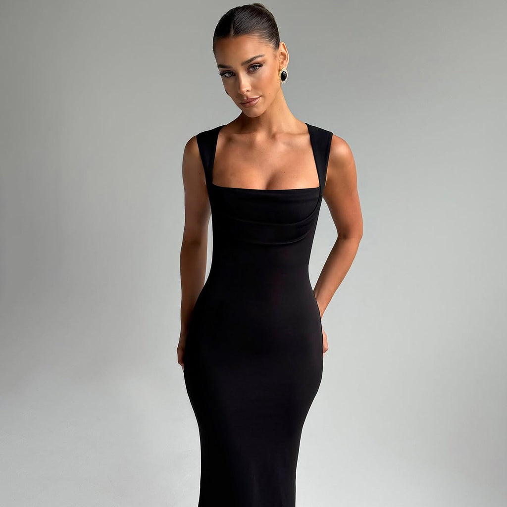 Women's Spring Summer Slim Fit Square Collar Sleeveless Waist Slimming Dress
