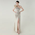 One Shoulder Sequin Craft Floral Beaded Slim Fishtail Dress