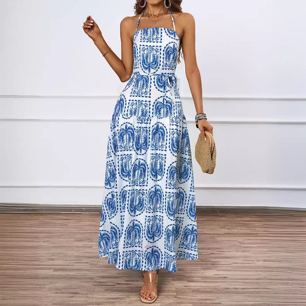 Women's Halter Tropical Belted Ruched Backless Dress