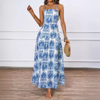 Women's Halter Tropical Belted Ruched Backless Dress