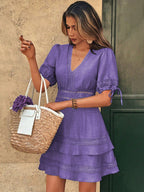 Purple lace short-sleeve V-neck dress with tiered skirt and ruffled hem